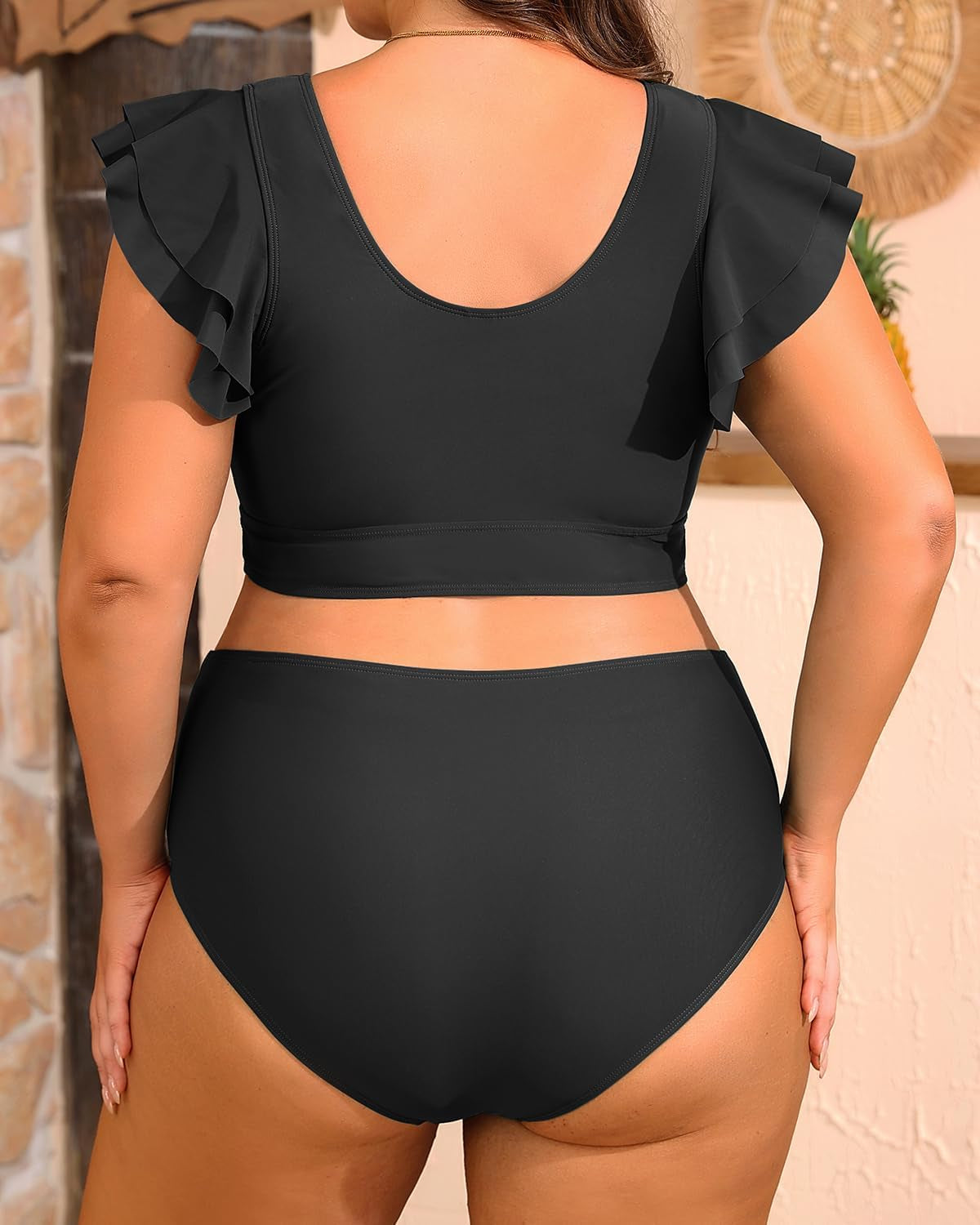 plus Size Two Piece Bikini Swimsuits - High Waisted Tummy Control Women Bathing Suits with Ruffle Sleeve Swimwear